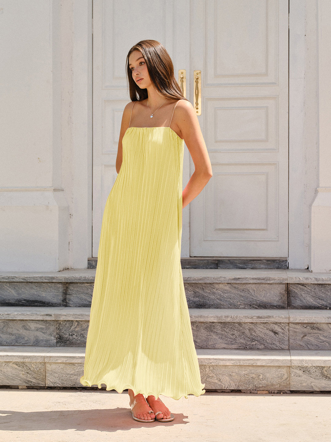 Spaghetti-Strapped Vertical-Pleated Maxi Dress  Liora Lane Boutique Dresses