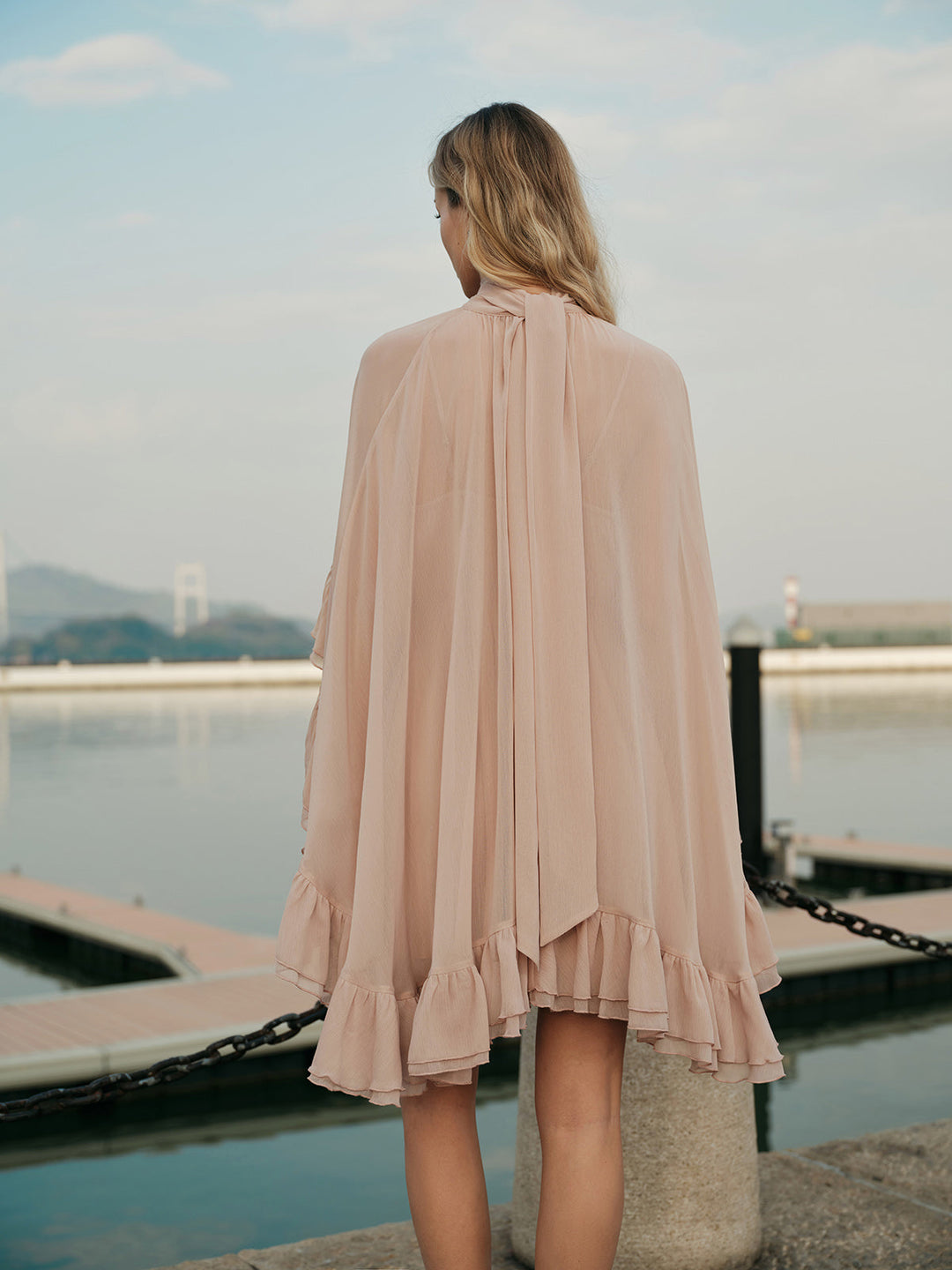 Semi-Sheer Chiffon Ruffle Dress With Outer Cape  Liora Lane Boutique Dresses