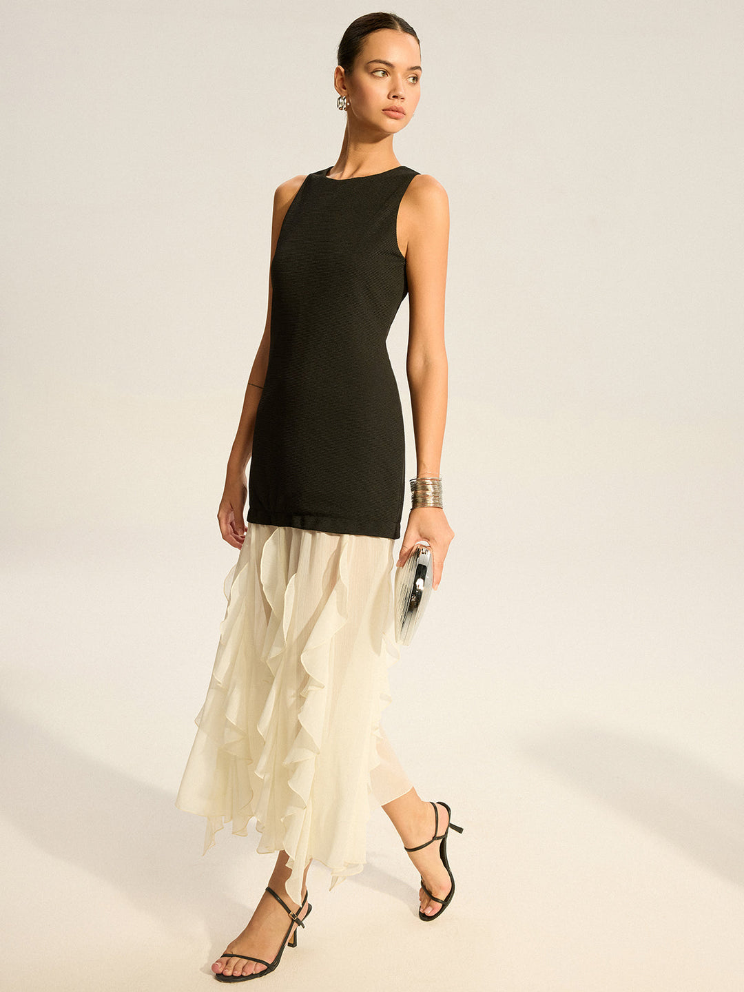 2 in 1 Semi-Sheer Ruffled Hem Maxi Dress  Liora Lane Boutique Dresses BlackandWhite / XL 49.00