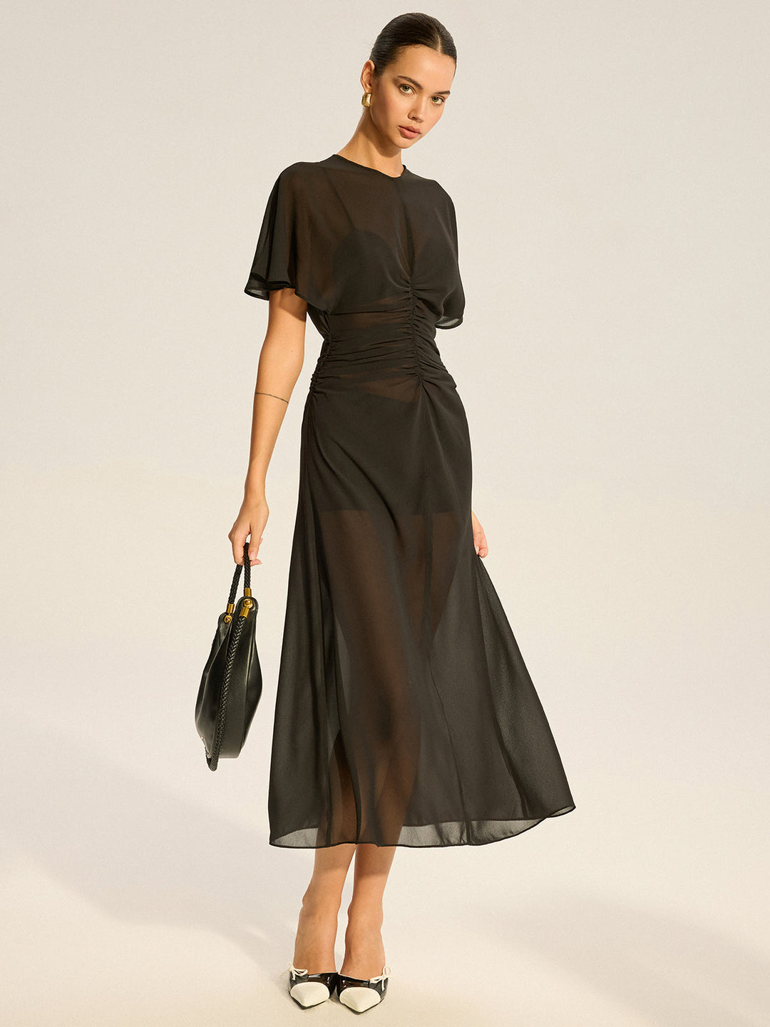 Sheer Chiffon Midi Dress with Lining Slip Two-Piece Set  Liora Lane Boutique Dresses Black / XL 55.00