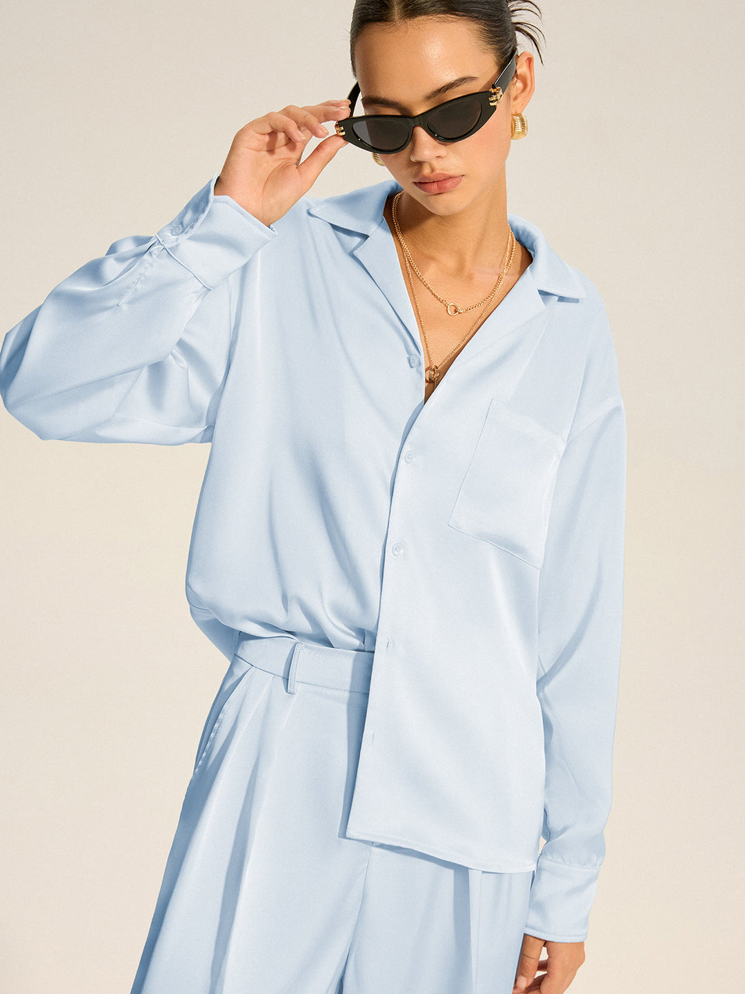 Oversized Pocket Satin Shirt and Pleated Pants Set  Liora Lane Boutique Pant Sets