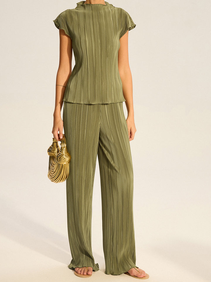 Pleated Top and Wide-Leg Pants Set  Liora Lane Boutique Pant Sets