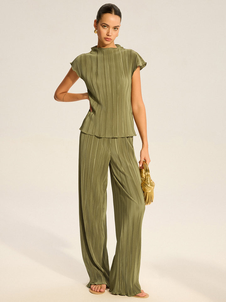 Pleated Top and Wide-Leg Pants Set  Liora Lane Boutique Pant Sets Olive / XL 127.99