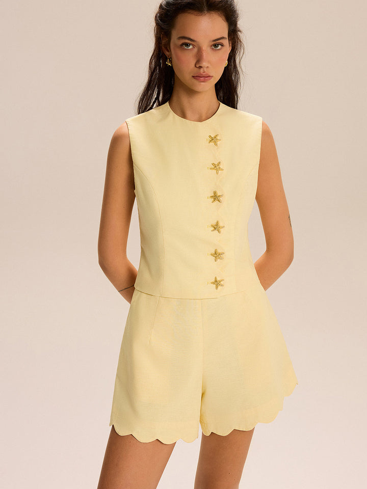 Shorts Set With Decor Button and Scallop Hem  Liora Lane Boutique Short Sets