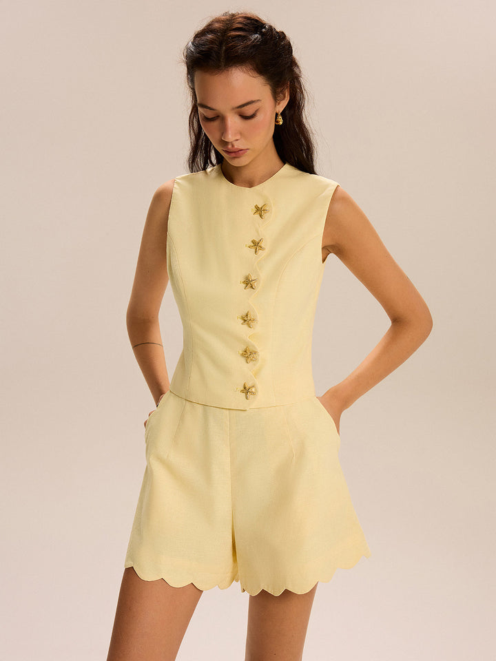 Shorts Set With Decor Button and Scallop Hem  Liora Lane Boutique Short Sets