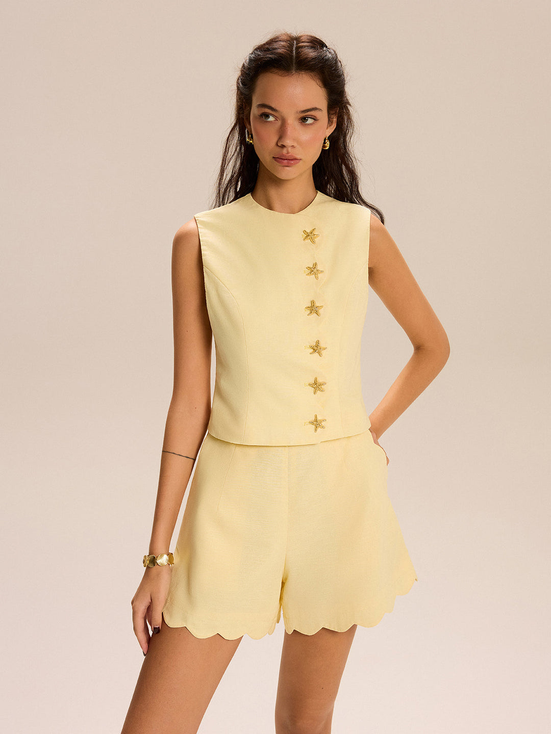 Shorts Set With Decor Button and Scallop Hem  Liora Lane Boutique Short Sets Yellow / XL 65.00