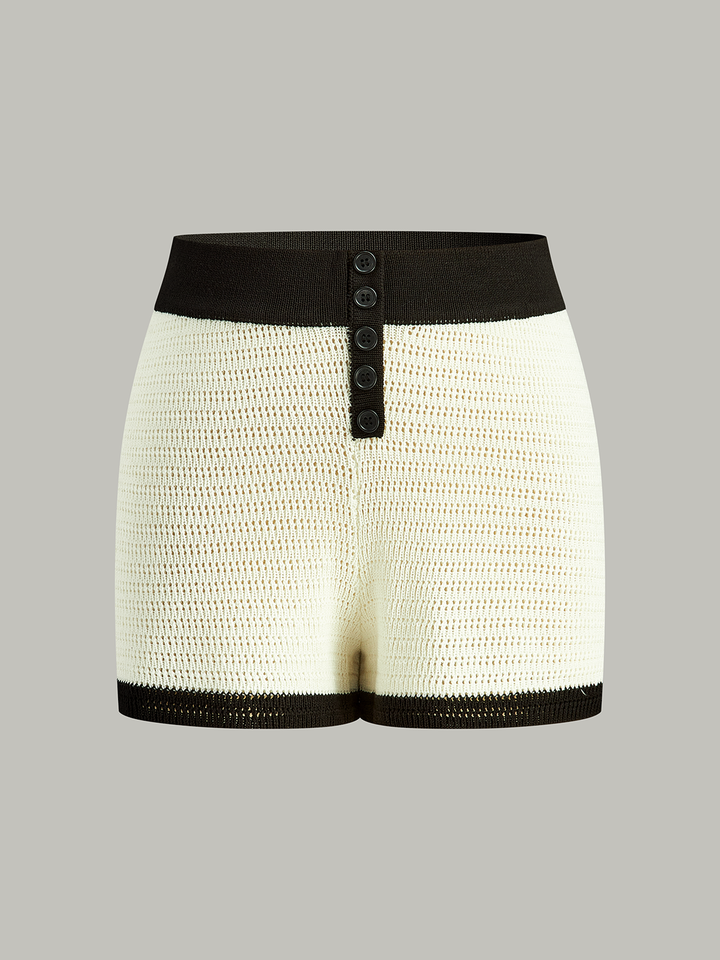 Contrast Trim Button-Front Knitted Shorts  Liora Lane Boutique Sweater Pants White / XL 34.00