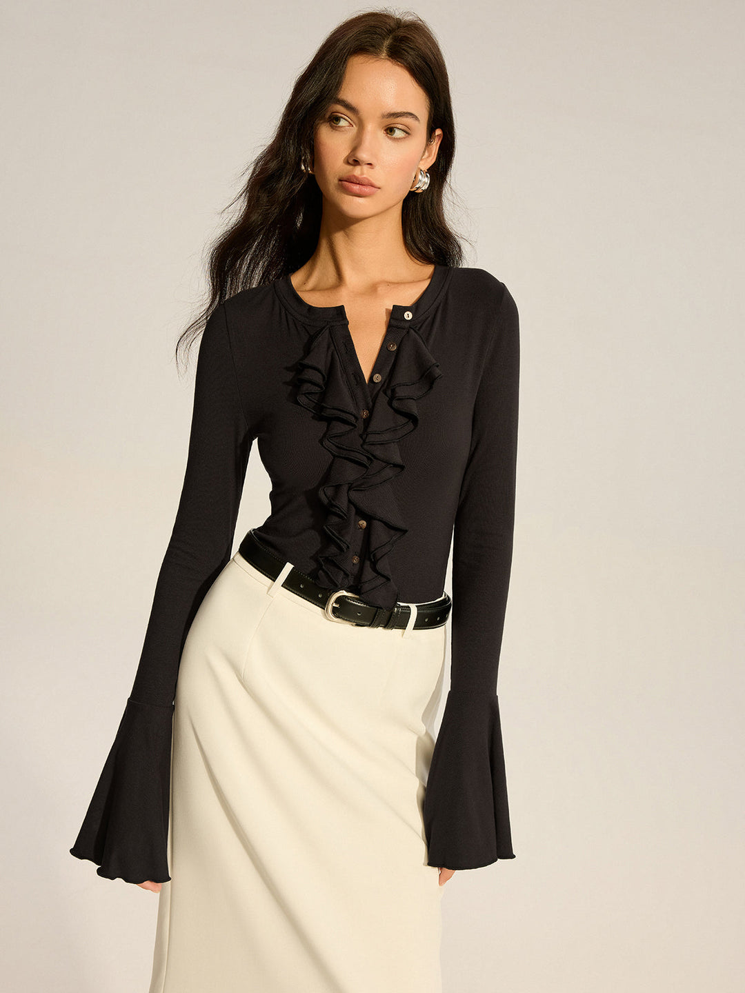 Flared Sleeve Ruffled Button T-Shirt  Liora Lane Boutique T-Shirts Black / XL 34.00