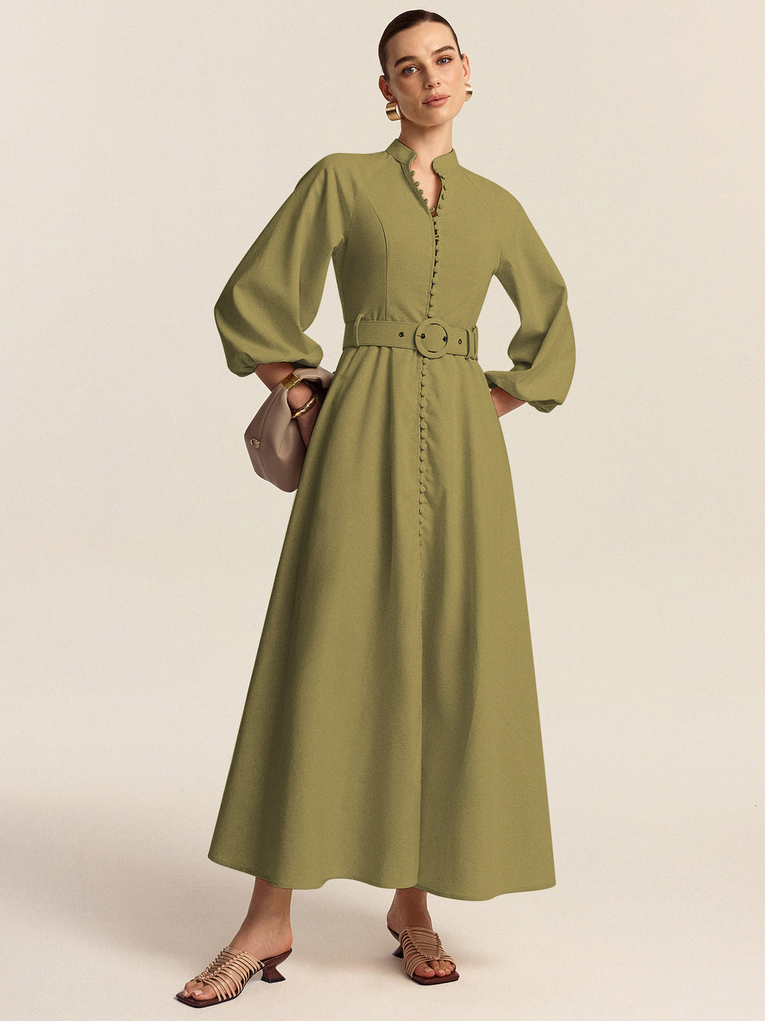 Belted Button Front Maxi Dress  Liora Lane Boutique Dresses ArmyGreen / XL 94.99