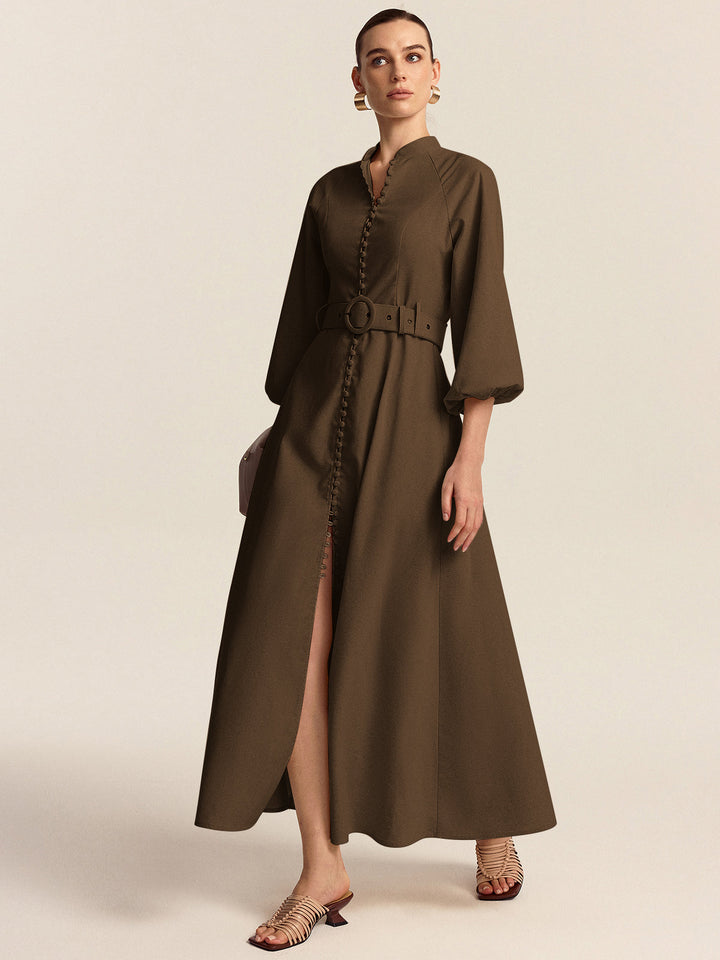 Belted Button Front Maxi Dress  Liora Lane Boutique Dresses Dark Brown / XL 94.99