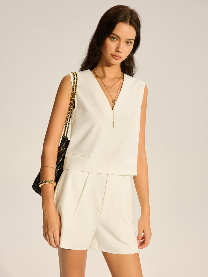 V-Neck Pocketed Top and Pleated Shorts Set  Liora Lane Boutique Short Sets