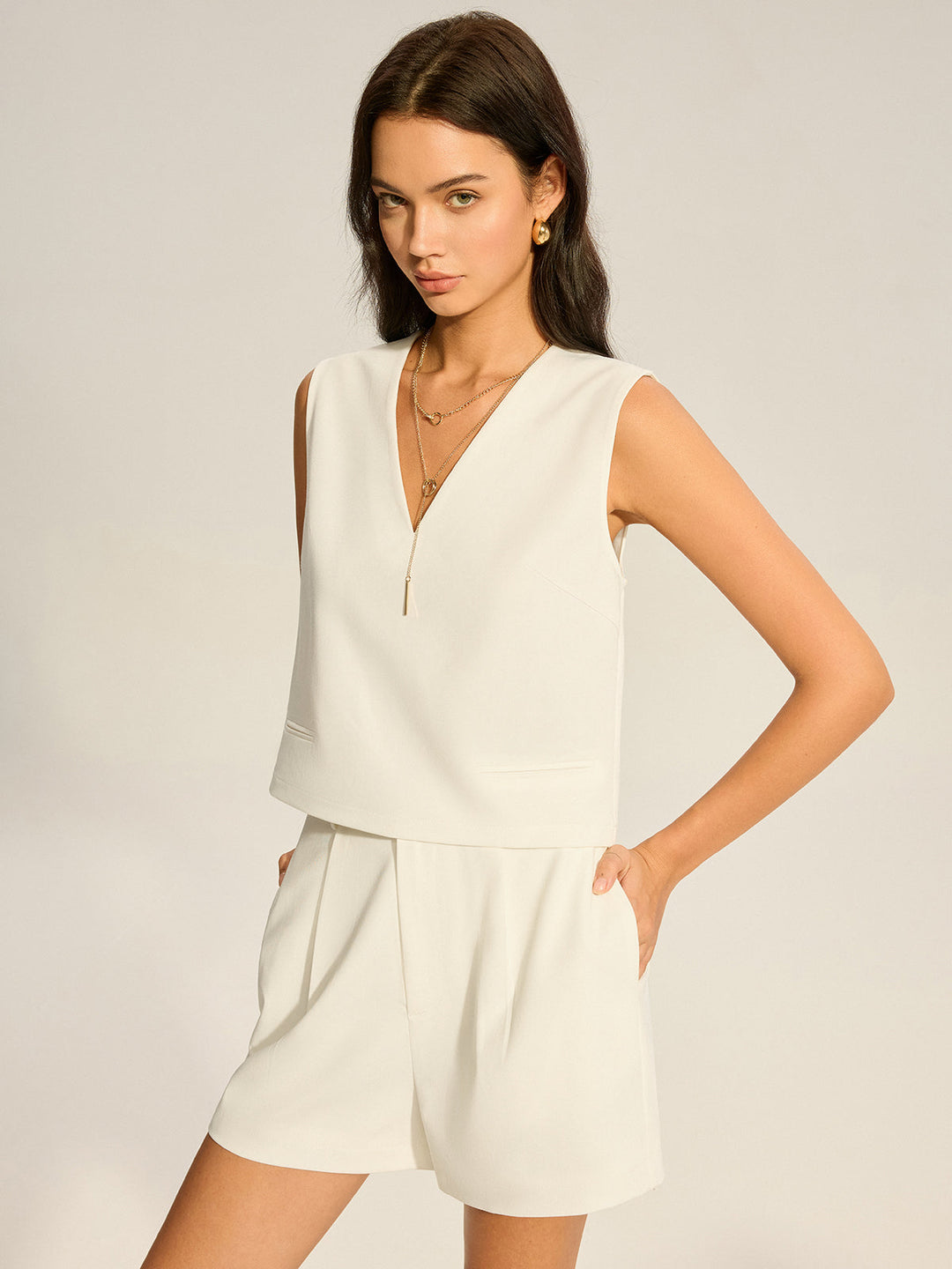 V-Neck Pocketed Top and Pleated Shorts Set  Liora Lane Boutique Short Sets