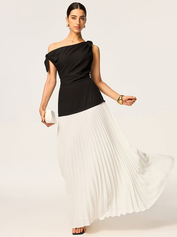 Asymmetric Pleated Maxi Dress with Bow Detail  Liora Lane Boutique Dresses BlackandWhite / XL 58.00