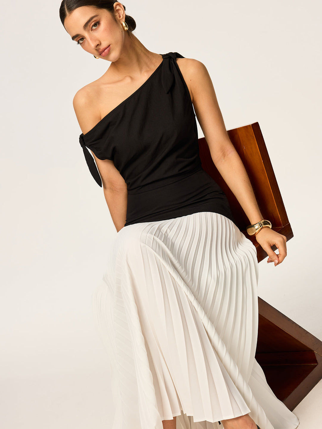 Asymmetric Pleated Maxi Dress with Bow Detail  Liora Lane Boutique Dresses