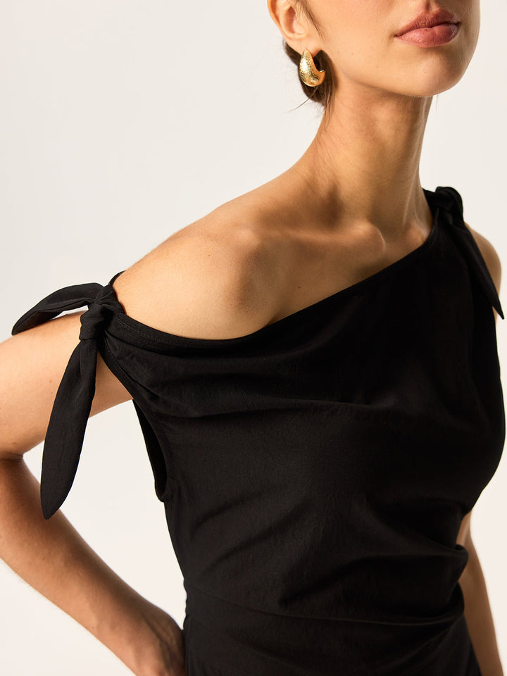 Asymmetric Pleated Maxi Dress with Bow Detail  Liora Lane Boutique Dresses