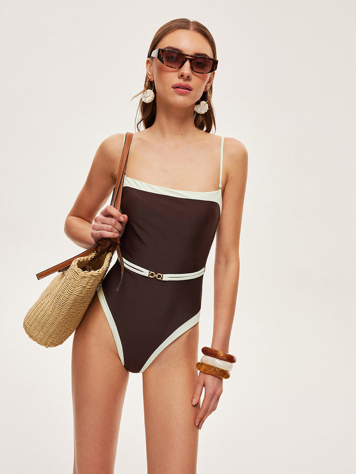 Contrast Trim Metal Detail Spaghetti Strap One-Piece Swimsuit  Liora Lane Boutique One-Pieces