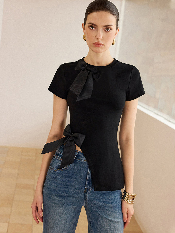 3D Bow-Detailed Top with Asymmetric Hem  Liora Lane Boutique T-Shirts Black / XL 28.00