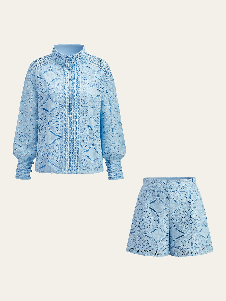 Lace Puff Sleeve Shorts Set Without Belt  Liora Lane Boutique Short Sets Blue / XL 82.00