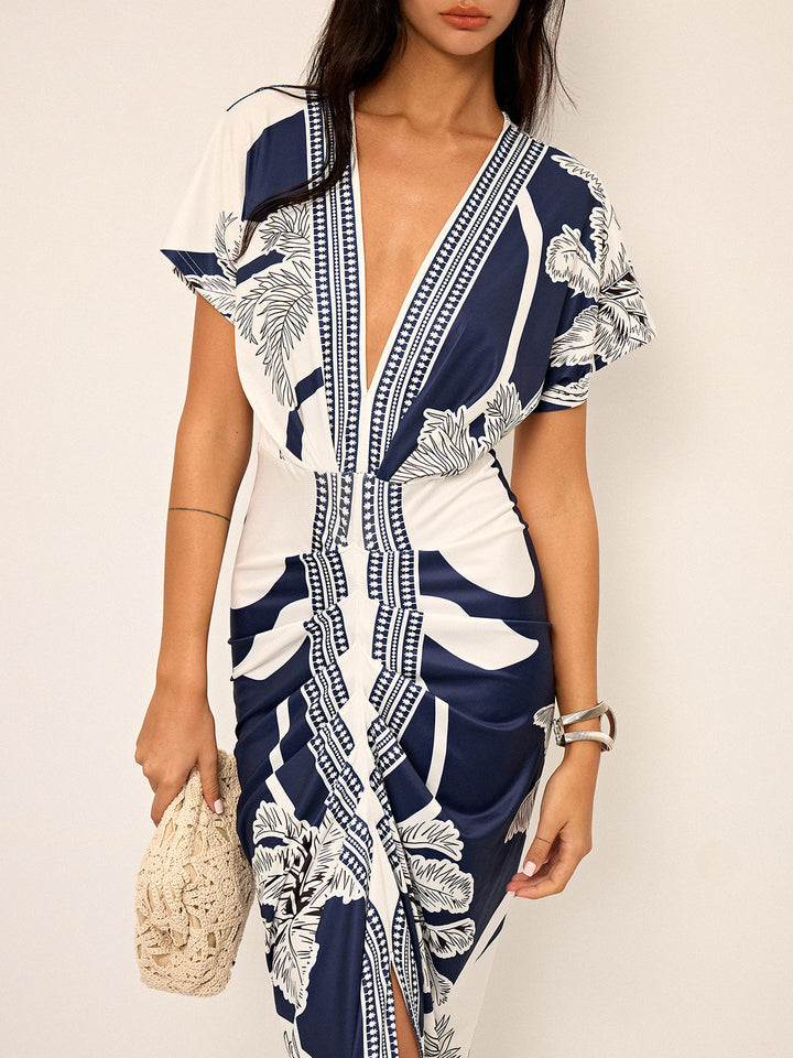 Printed Deep V-Neck Midi Dress Without Belt  Liora Lane Boutique Dresses