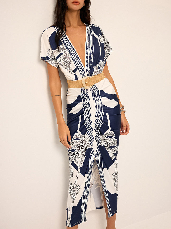 Printed Deep V-Neck Midi Dress Without Belt  Liora Lane Boutique Dresses