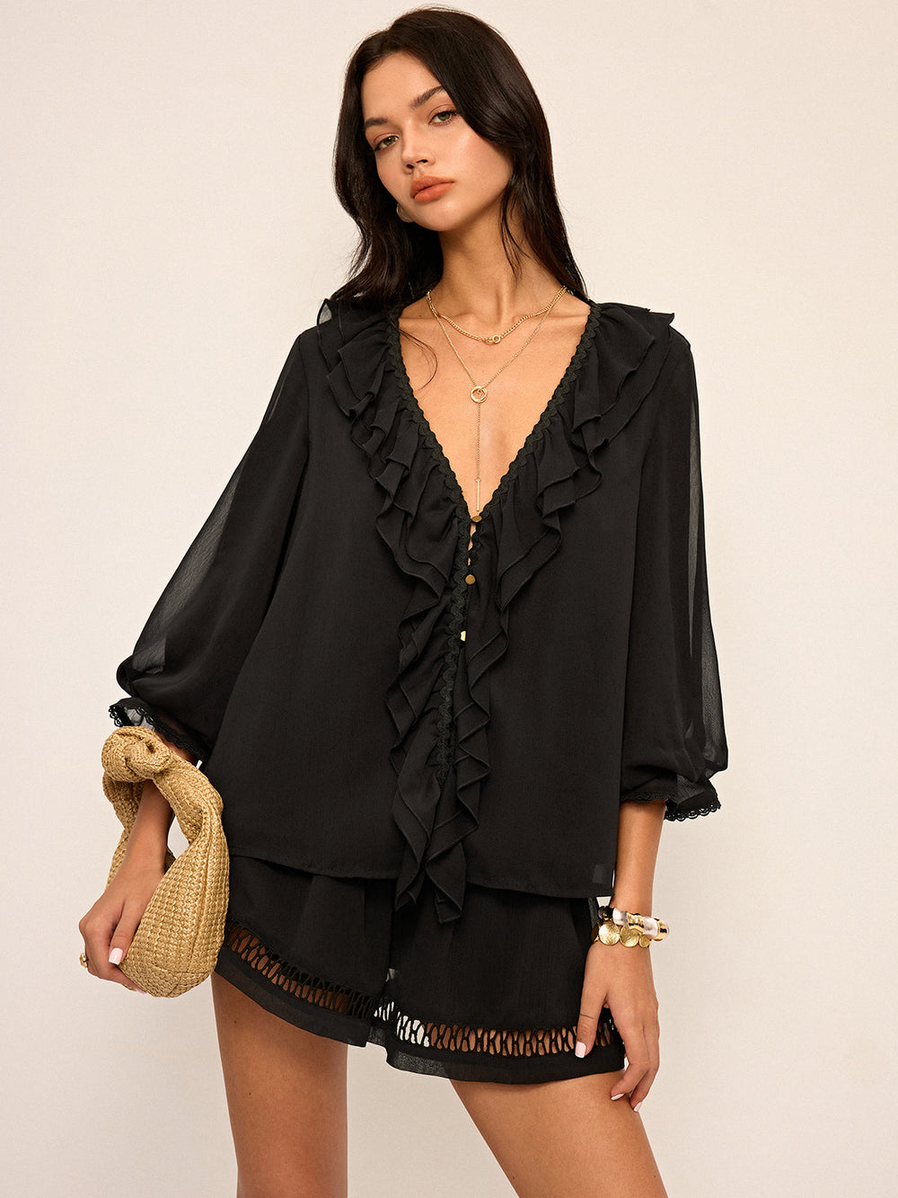 Ruffled Button Chiffon Top and Shorts Set  Liora Lane Boutique Short Sets