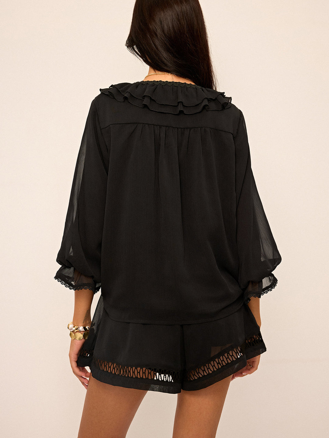 Ruffled Button Chiffon Top and Shorts Set  Liora Lane Boutique Short Sets