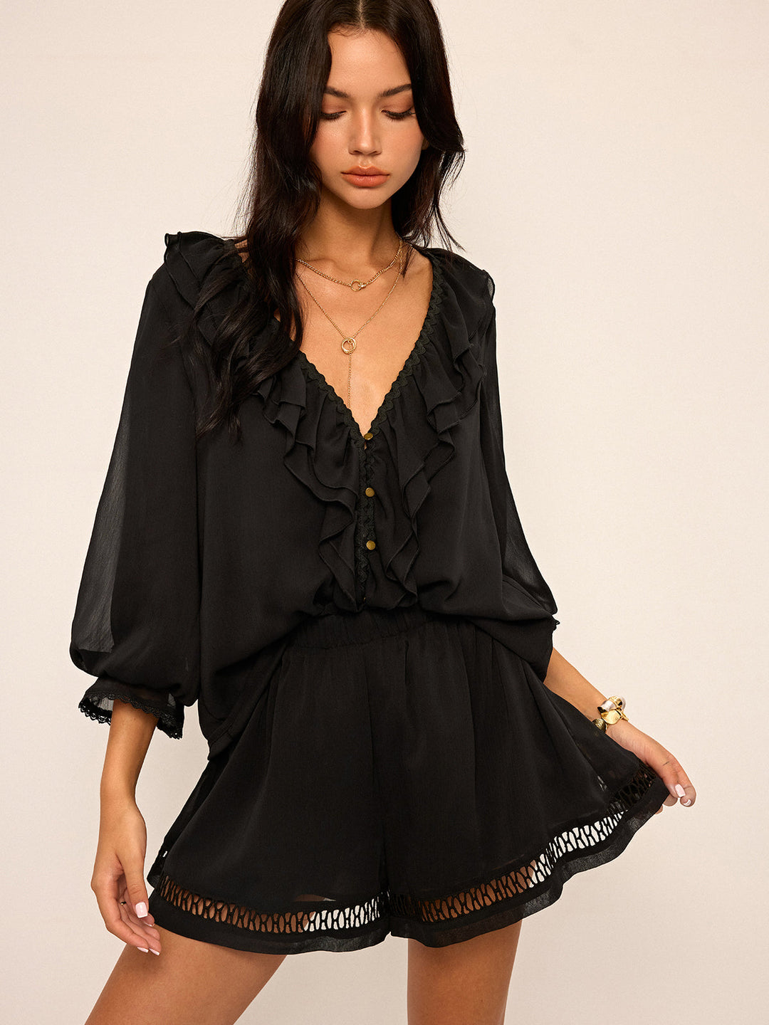Ruffled Button Chiffon Top and Shorts Set  Liora Lane Boutique Short Sets