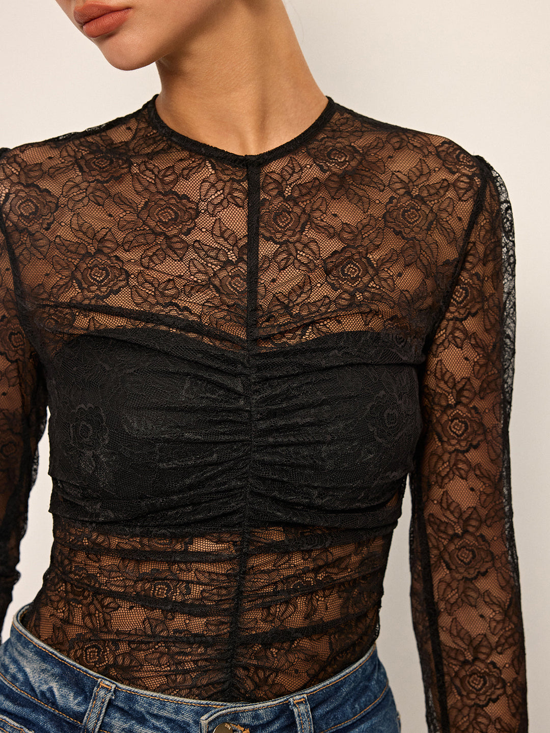 Semi-Sheer Lace Ruched Long Sleeve Top  Liora Lane Boutique T-Shirts
