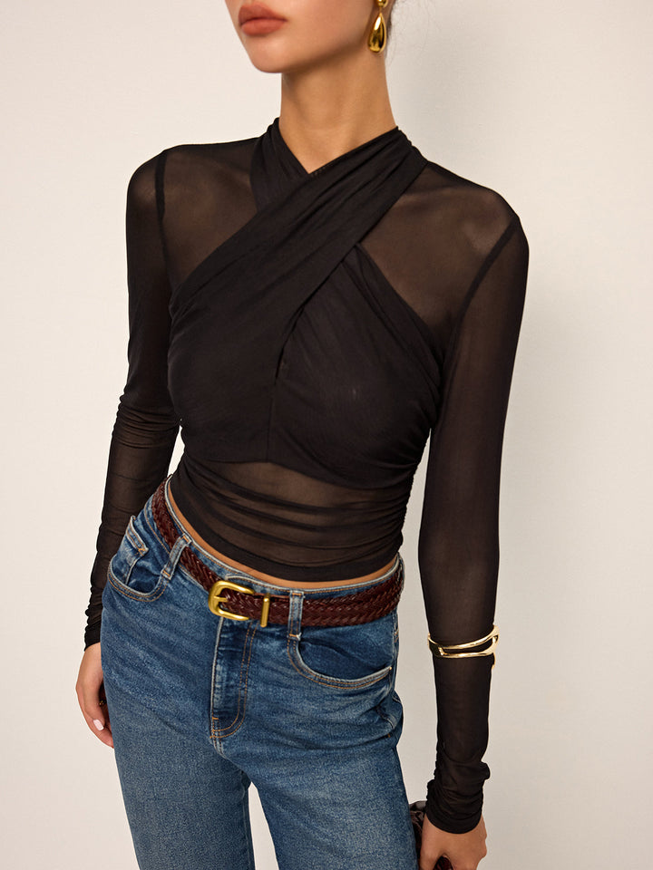 Semi-Sheer Mesh Cross-Front T-Shirt  Liora Lane Boutique T-Shirts