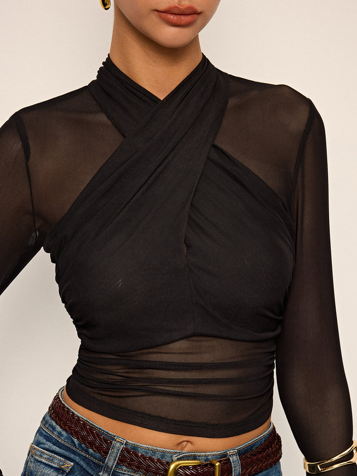 Semi-Sheer Mesh Cross-Front T-Shirt  Liora Lane Boutique T-Shirts