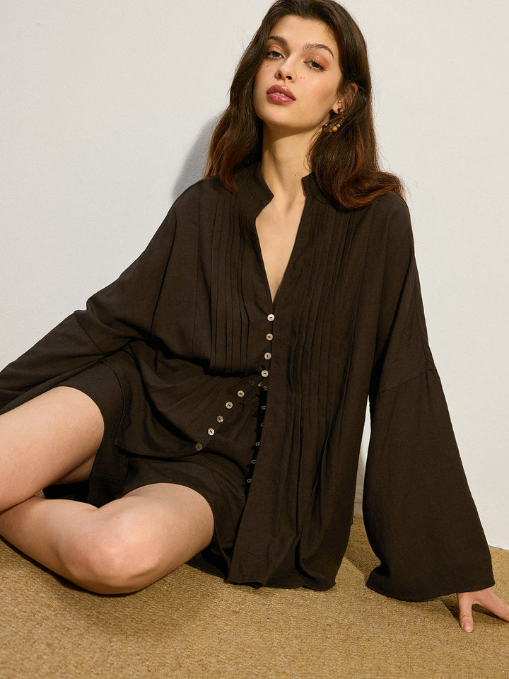 Pleated Button-Front Shorts Set  Liora Lane Boutique Short Sets Dark Brown / XL 69.00