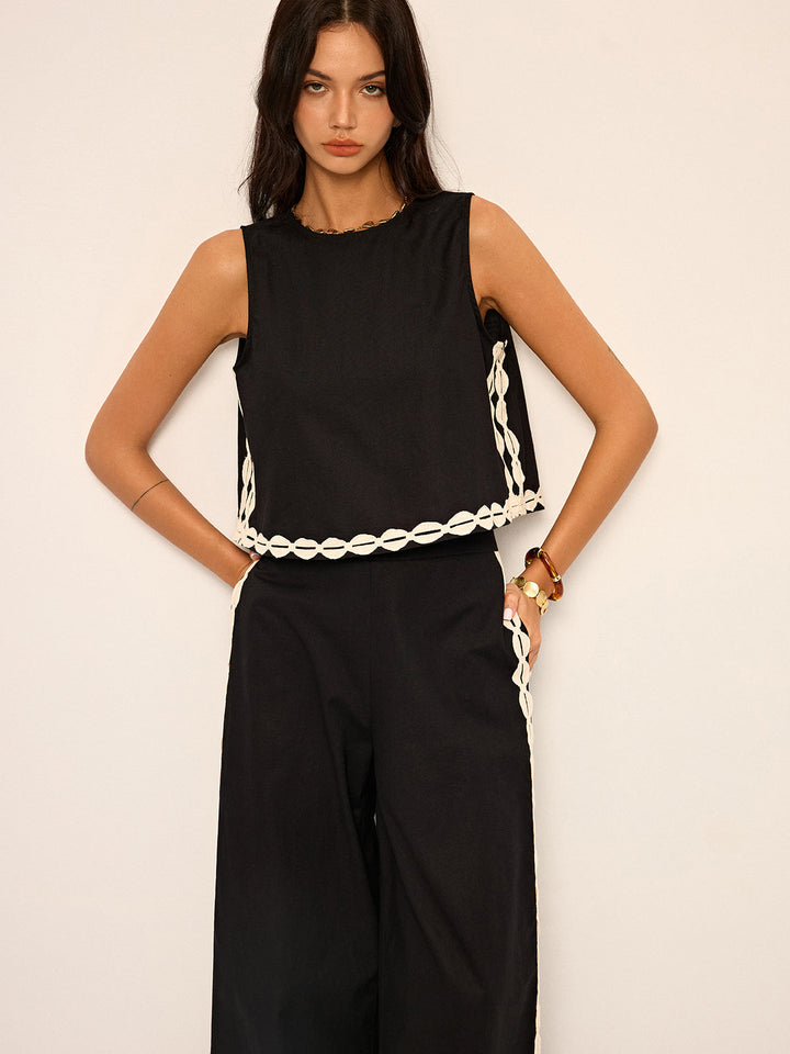 Cotton & Linen Contrast Trim Pants Set  Liora Lane Boutique Pant Sets