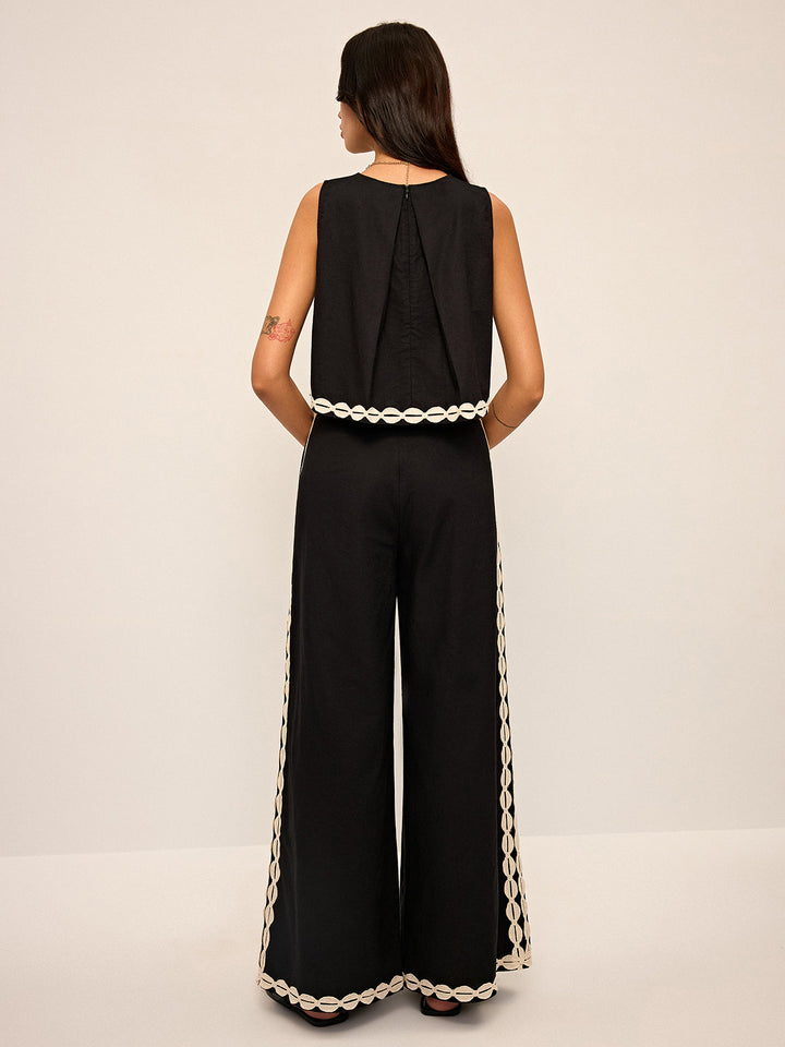 Cotton & Linen Contrast Trim Pants Set  Liora Lane Boutique Pant Sets