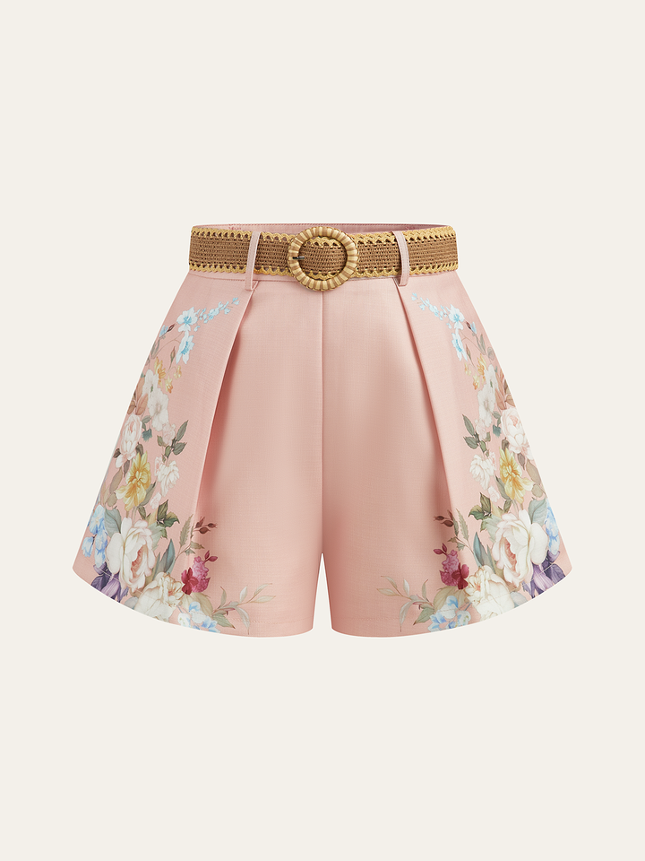 Floral Printed Belted Mid-Waist Shorts  Liora Lane Boutique Shorts Pink / XL 42.00