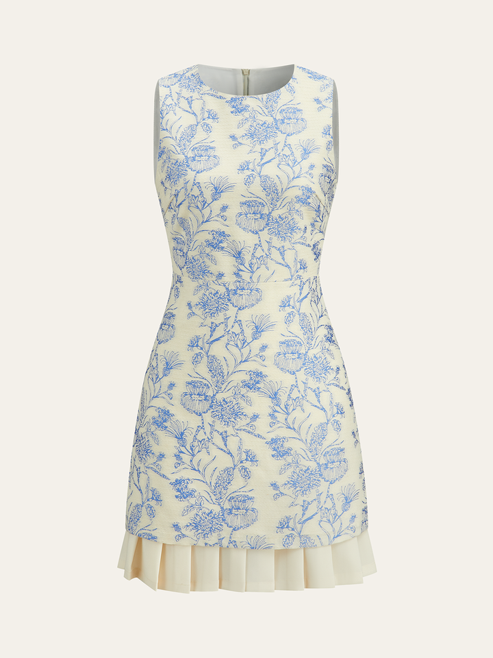 Floral Printed Sleeveless Dress with Pleated Hem  Liora Lane Boutique Dresses Blue / XL 84.99