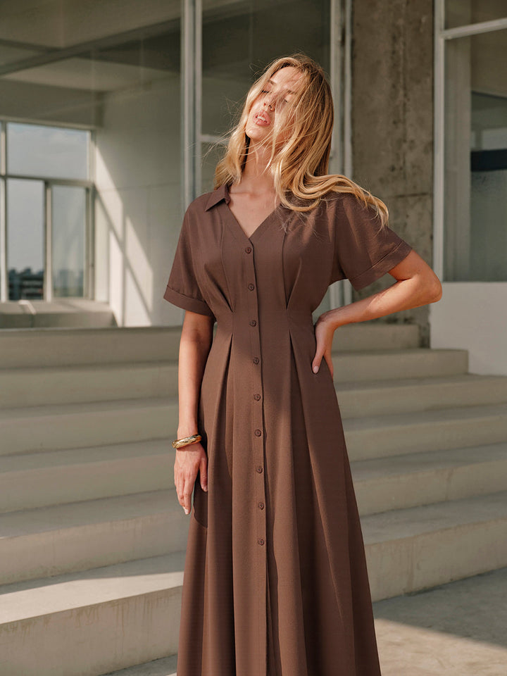 Pleated Button-Front Shirt Dress  Liora Lane Boutique Dresses Brown / XL 89.99
