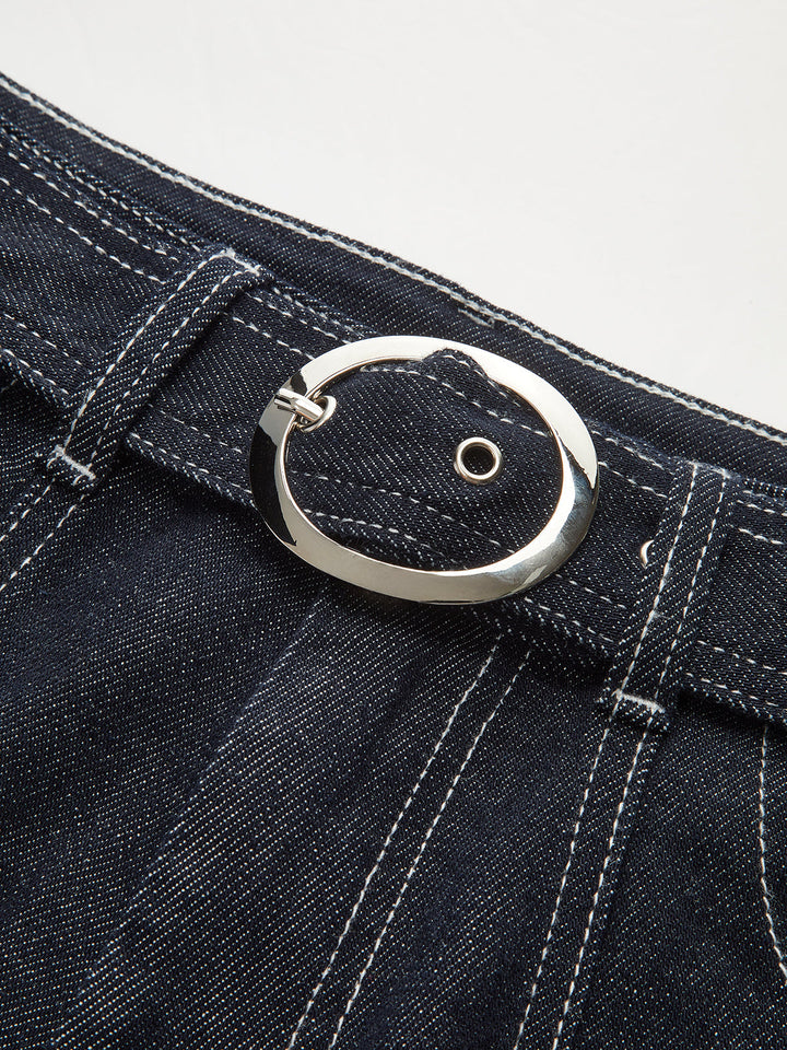 Denim Contrast-Stitch Pants with Belt  Liora Lane Boutique Jeans