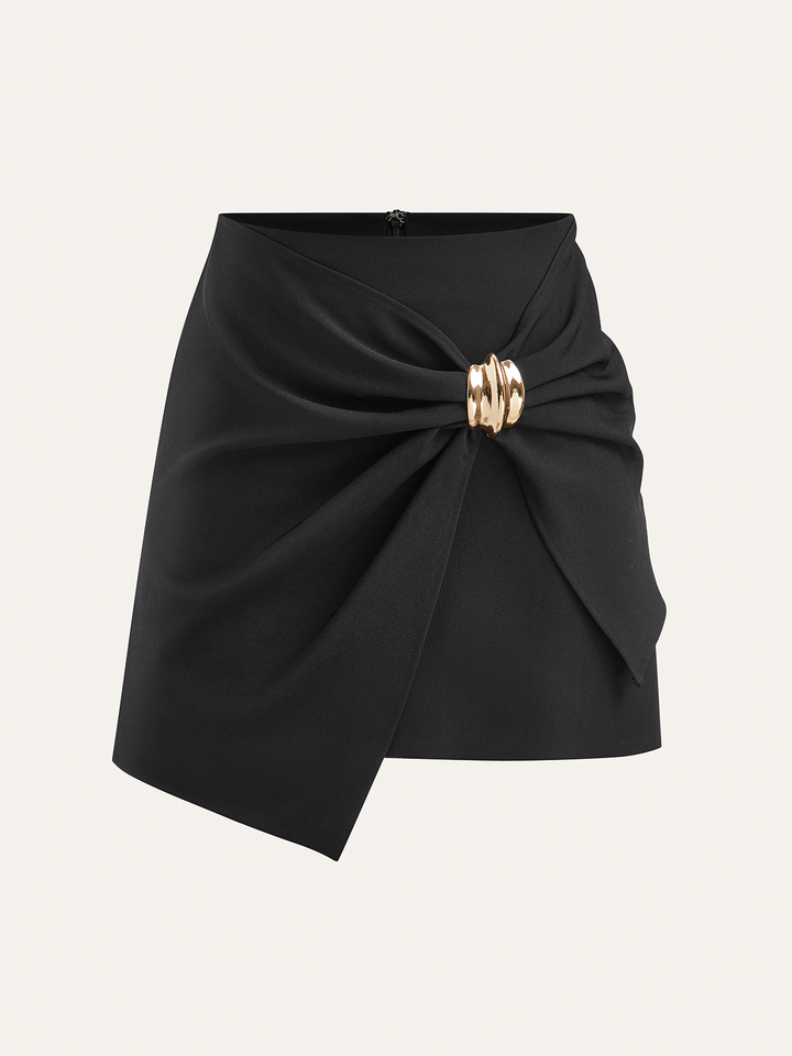 Asymmetric Ruched Wrap Mini Skirt with Metal Buckle  Liora Lane Boutique Skirts Black / XL 32.00