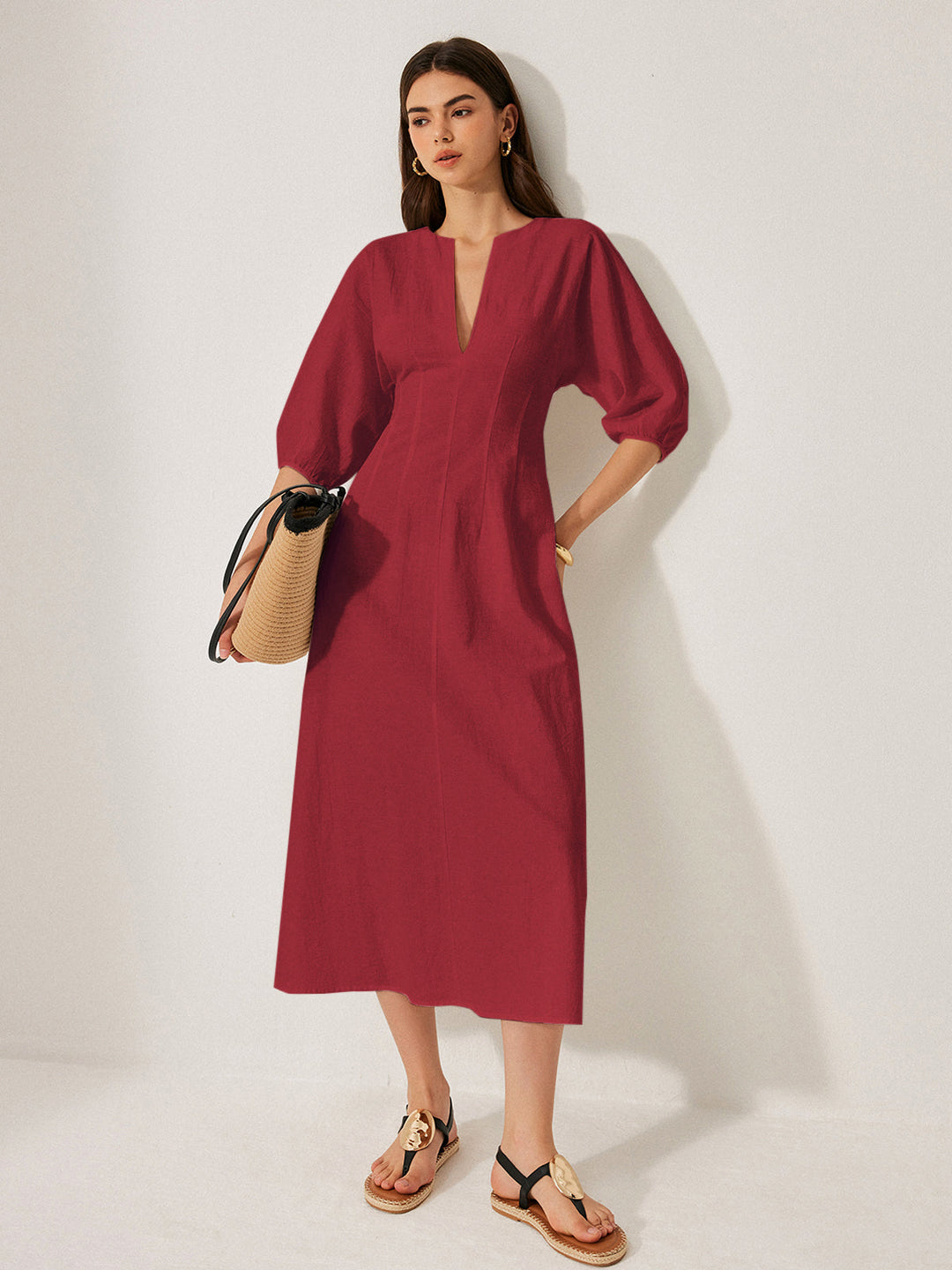 Cotton & Linen Puff Sleeve Dress Without Belt  Liora Lane Boutique Dresses Red / XL 49.00
