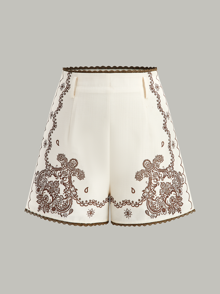 Floral Printed Suit Shorts with Lace Trims and Belt  Liora Lane Boutique Shorts