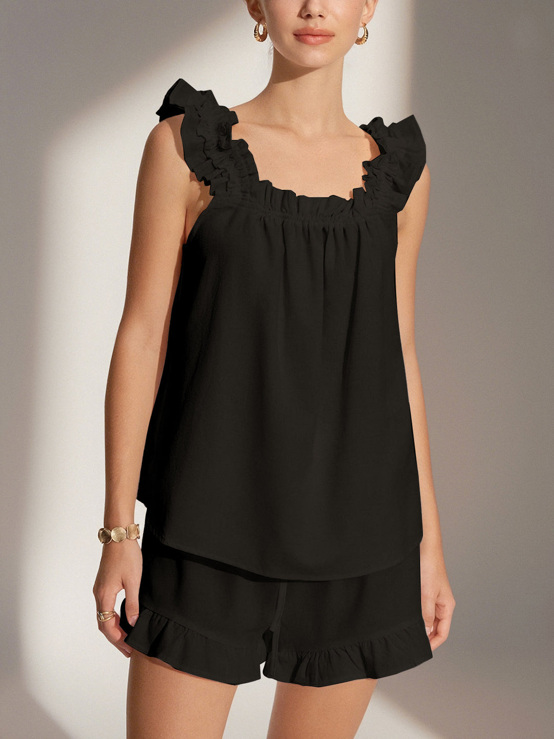 Pure Cotton Ruffle Shorts Set  Liora Lane Boutique Short Sets Black / XL 35.00