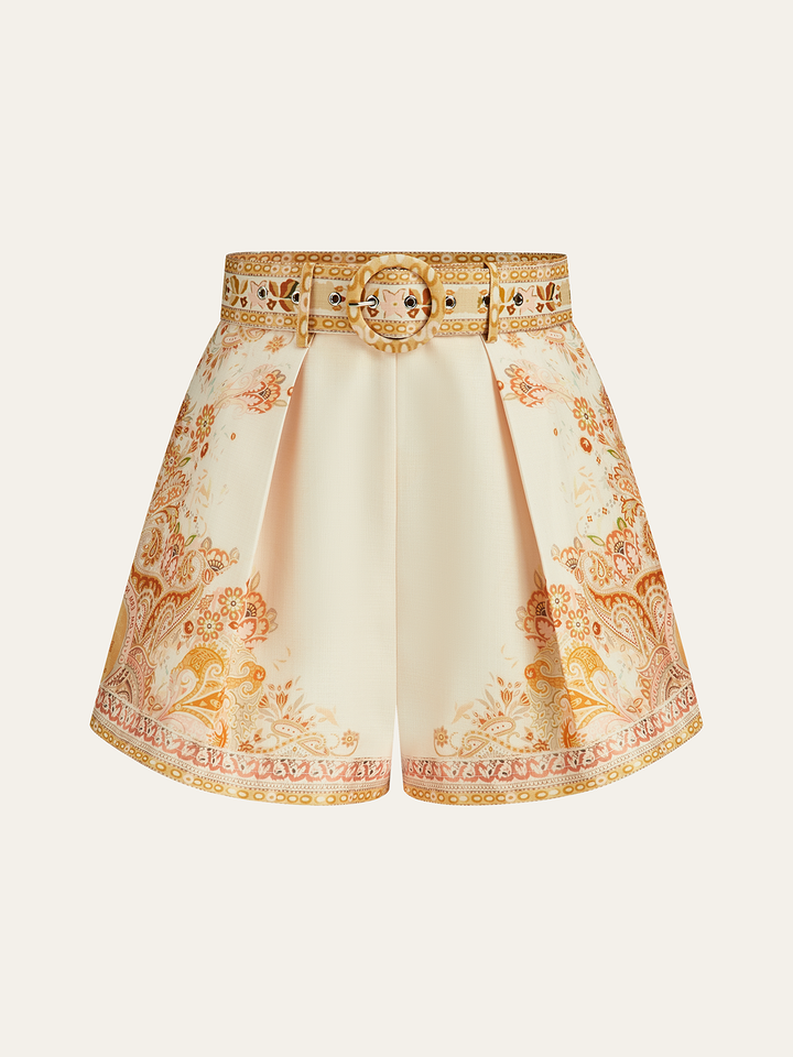 Belted Boho Print Tailored Shorts  Liora Lane Boutique Shorts Orange / XL 45.00