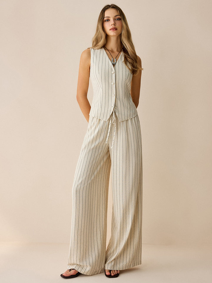 Striped Sleeveless Vest and Pants Set  Liora Lane Boutique Pant Sets Apricot / XL 157.99