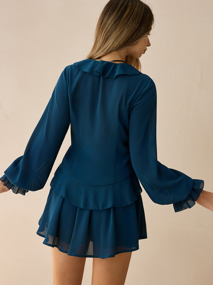 Chiffon Ruffled Long-Sleeve Top and Shorts Set  Liora Lane Boutique Short Sets