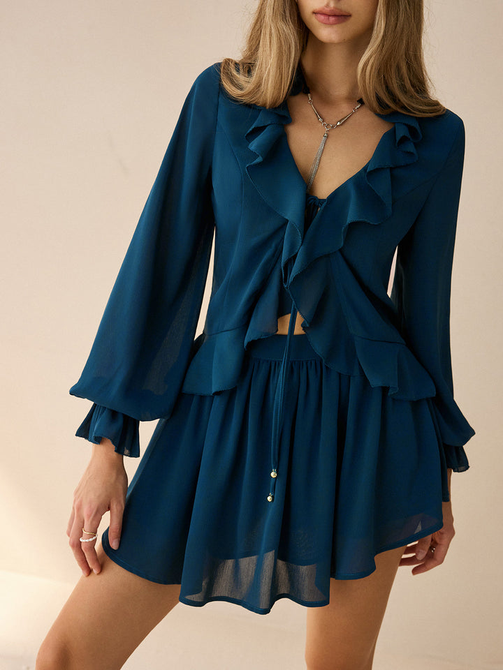 Chiffon Ruffled Long-Sleeve Top and Shorts Set  Liora Lane Boutique Short Sets Blue / XL 55.00