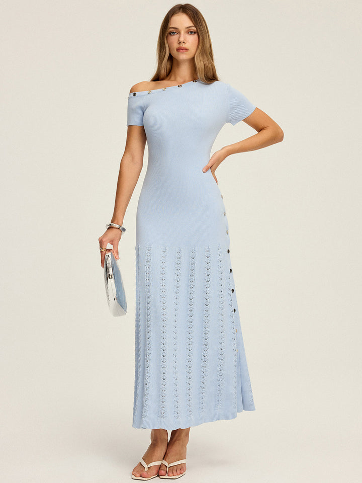 One-Shoulder Button Detail Knit Maxi Dress  Liora Lane Boutique Sweater Dresses Blue / XL 188.99