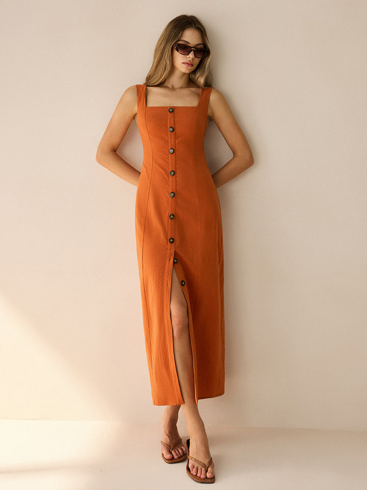 Square-Neck Button-Front Maxi Dress with Slit  Liora Lane Boutique Dresses Orange / XL 89.99