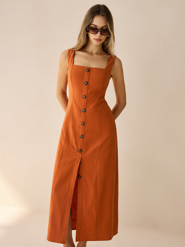 Square-Neck Button-Front Maxi Dress with Slit  Liora Lane Boutique Dresses