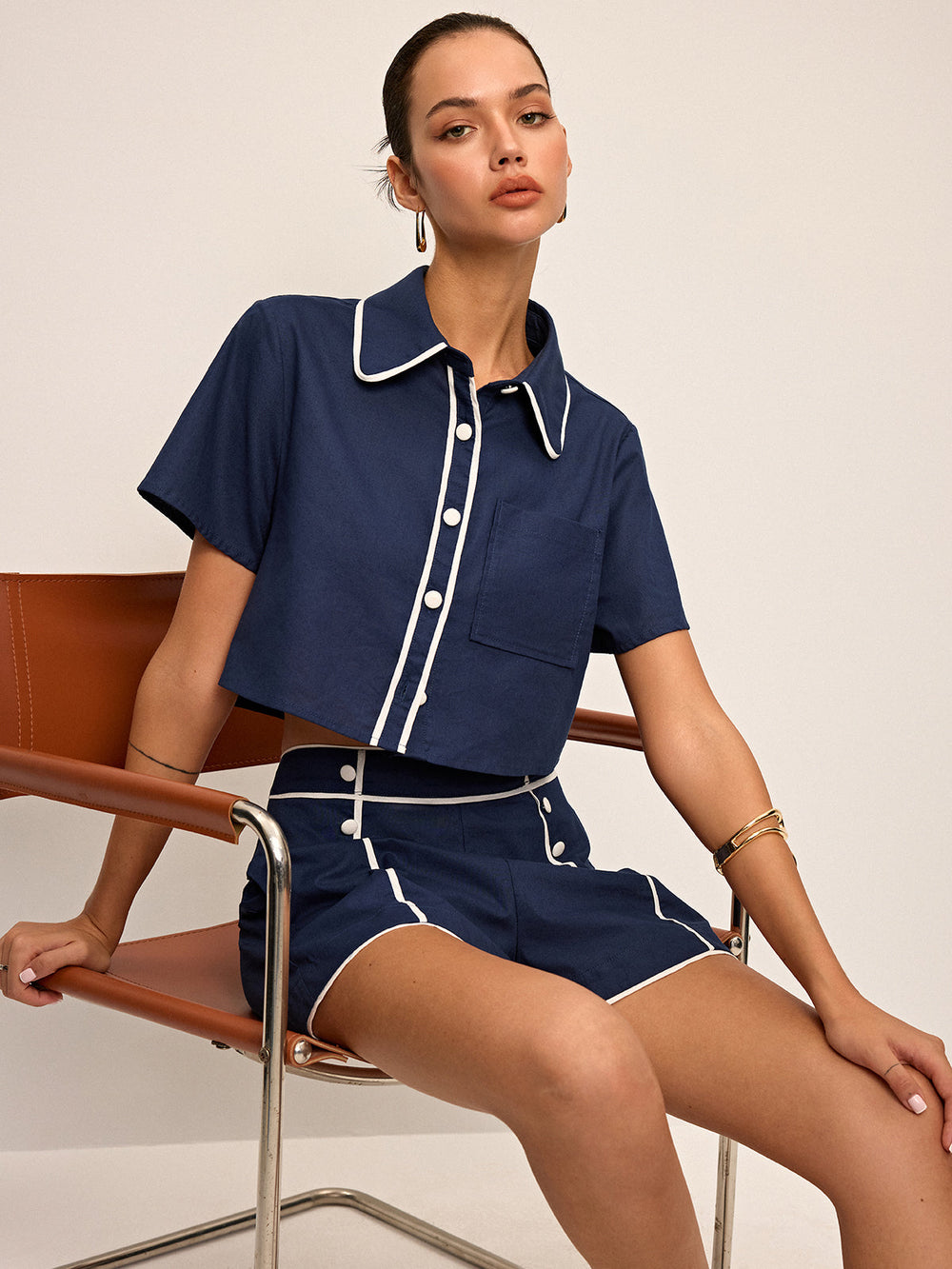 Contrast Piping Crop Shirt and Shorts Set  Liora Lane Boutique Short Sets