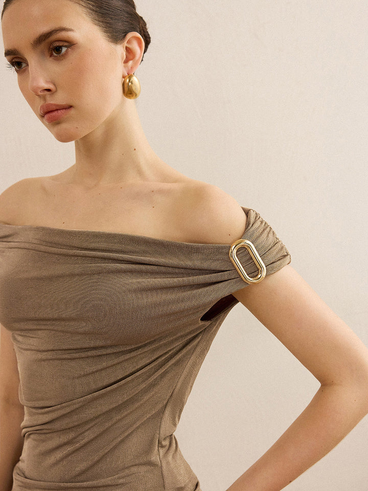 Off-Shoulder Ruched Top with Metal Buckle  Liora Lane Boutique T-Shirts
